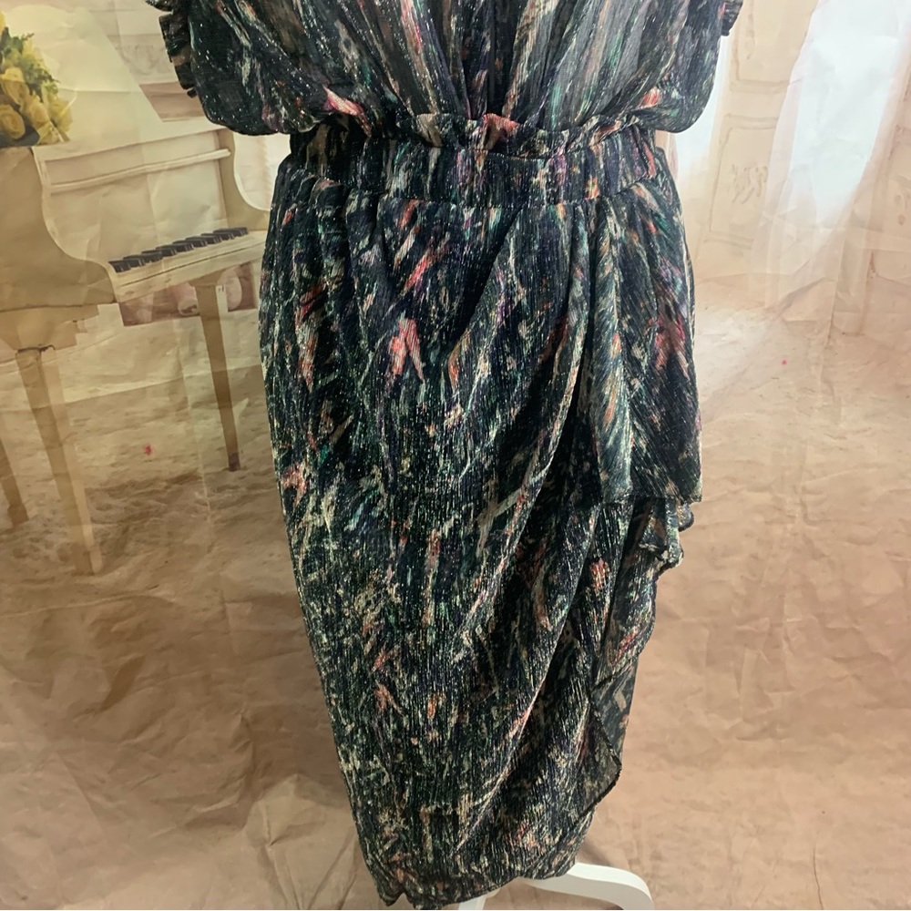 NEW IRO Gargas Wrap-effect Ruffled Printed lurex Sheer MIDI Dress - Picture 4 of 15